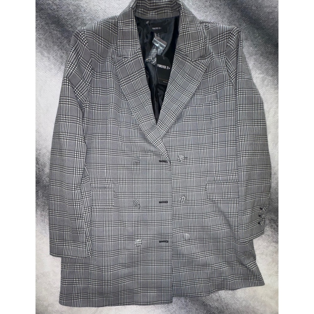 (CL) Forever 21 Plus 1X Grey Black Glen Plaid Double Breast Longline Blazer NWT - Picture 2 of 8